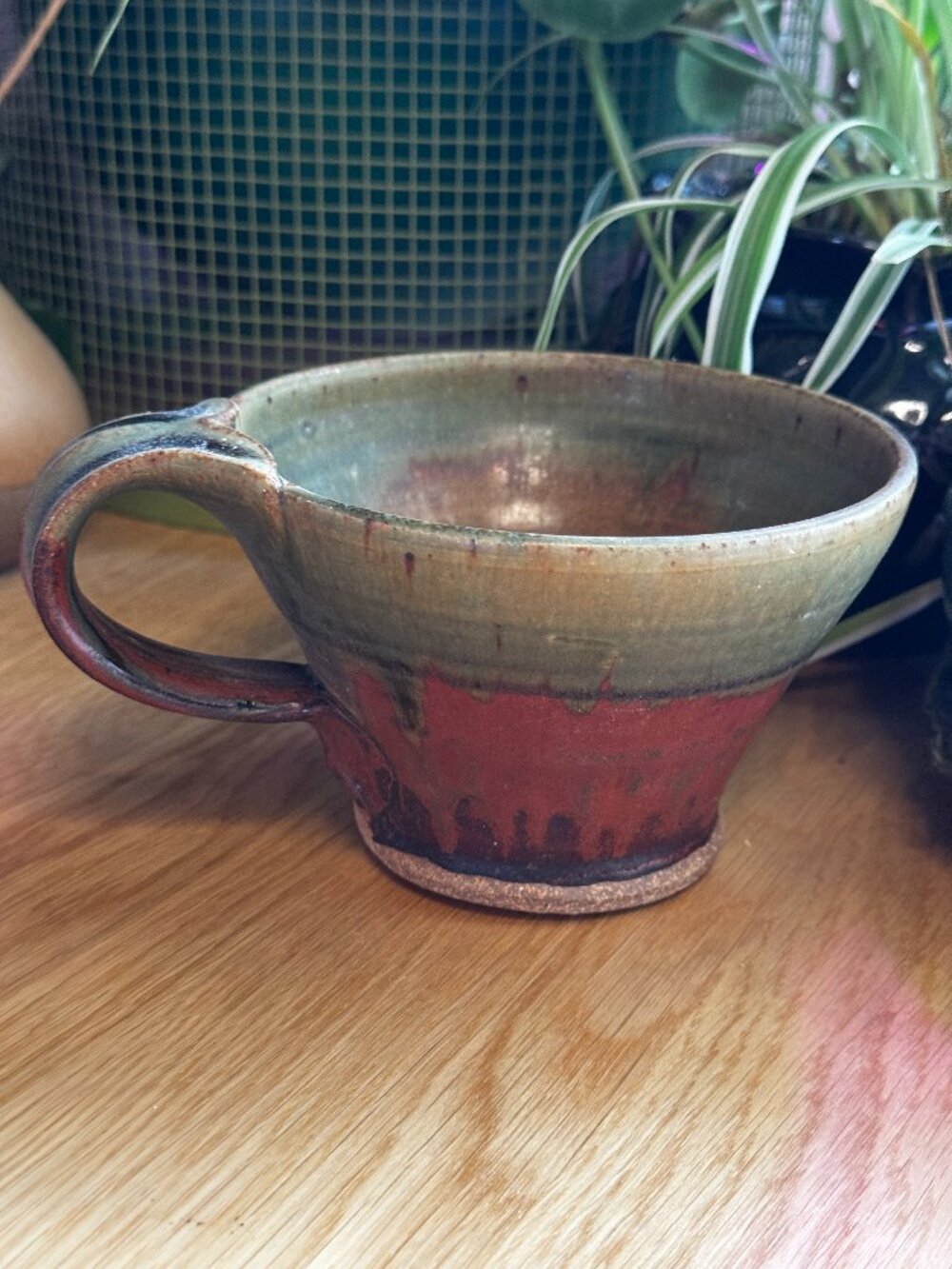 David Voll Stoneware Pottery Mug with Handle, Rust Green, Vintage Circa 1990s